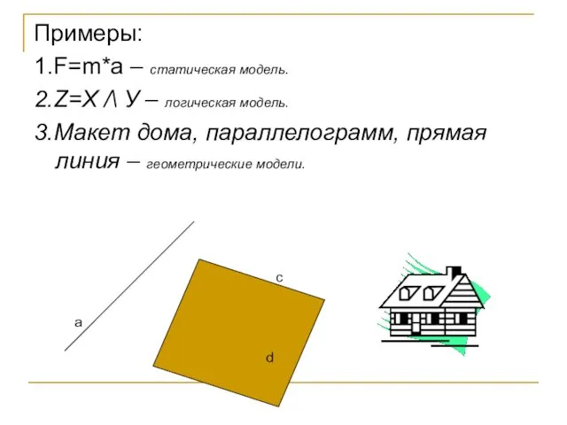 Примеры: 1.F=m*a – статическая модель. 2.Z=X /\ У – логическая