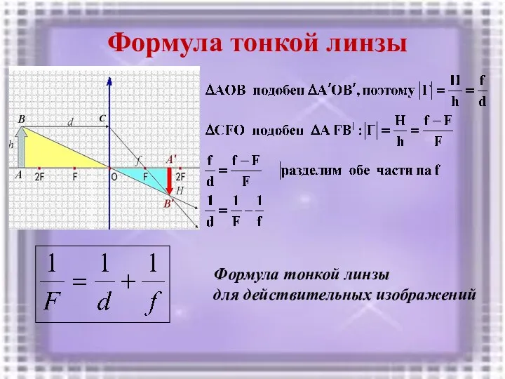 С Формула тонкой линзы для действительных изображений Формула тонкой линзы