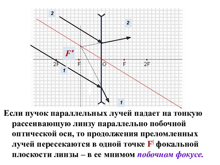 Если пучок параллельных лучей падает на тонкую рассеивающую линзу параллельно