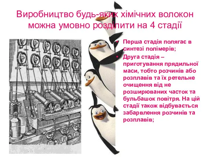 Виробництво будь-яких хімічних волокон можна умовно розділити на 4 стадії