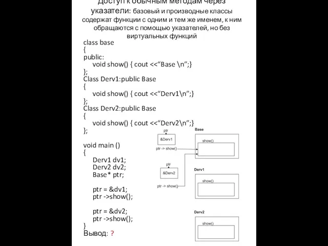 Доступ к обычным методам через указатели: базовый и производные классы