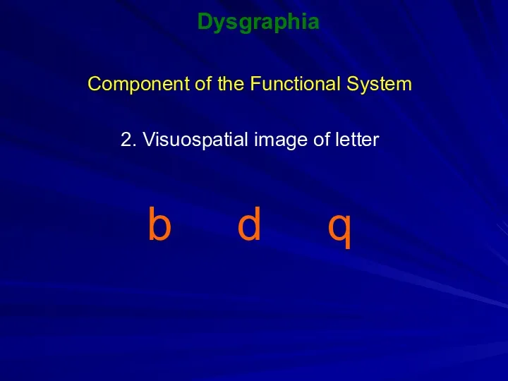 Dysgraphia Component of the Functional System 2. Visuospatial image of letter b d q