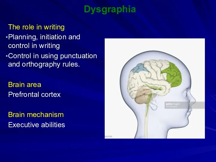 Dysgraphia The role in writing Planning, initiation and control in writing Control in