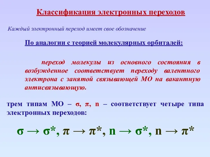 По аналогии с теорией молекулярных орбиталей: переход молекулы из основного