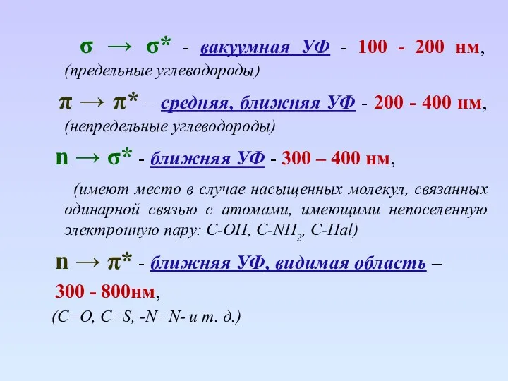 σ → σ* - вакуумная УФ - 100 - 200