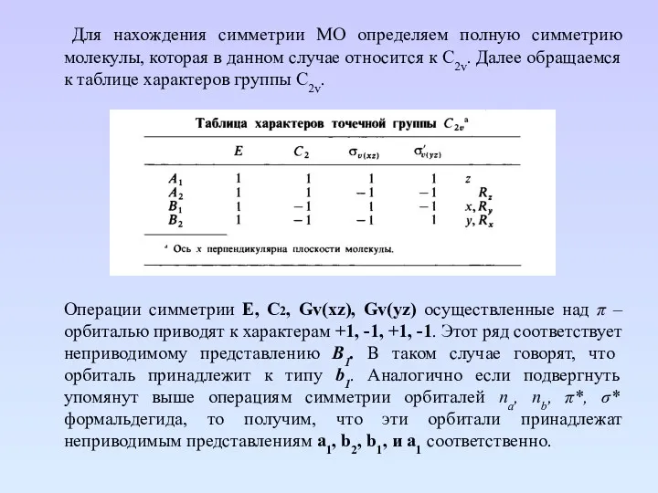 Для нахождения симметрии МО определяем полную симметрию молекулы, которая в