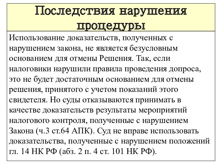 Последствия нарушения процедуры Использование доказательств, полученных с нарушением закона, не