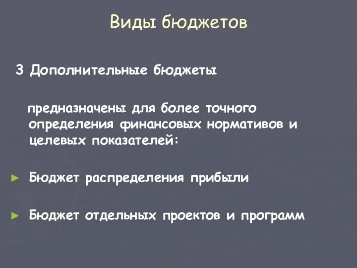 Виды бюджетов 3 Дополнительные бюджеты предназначены для более точного определения