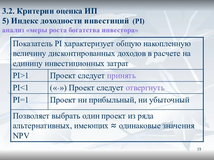 3.2. Критерии оценка ИП 5) Индекс доходности инвестиций (PI) анализ «меры роста богатства инвестора»