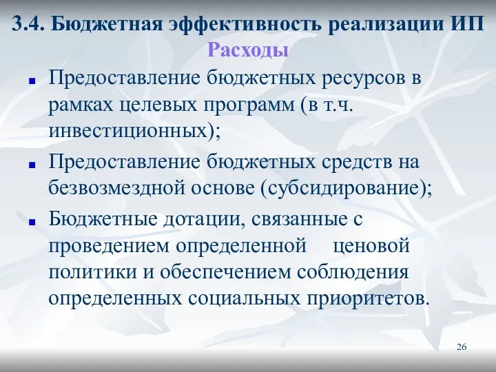 3.4. Бюджетная эффективность реализации ИП Расходы Предоставление бюджетных ресурсов в