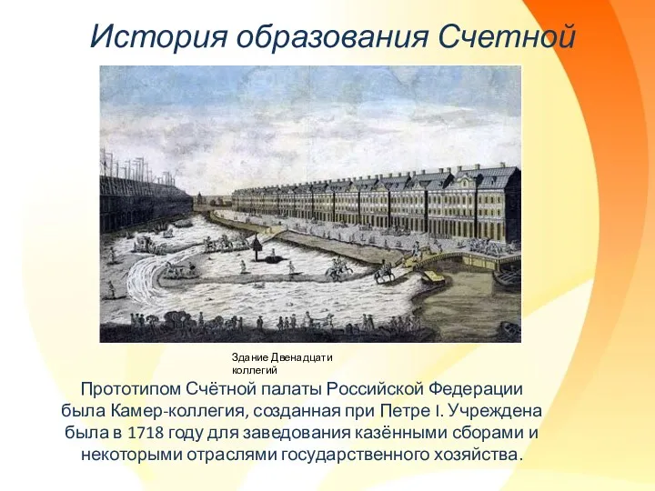 История образования Счетной палаты Здание Двенадцати коллегий Прототипом Счётной палаты