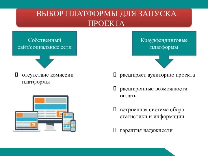 Собственный сайт/социальные сети ВЫБОР ПЛАТФОРМЫ ДЛЯ ЗАПУСКА ПРОЕКТА отсутствие комиссии