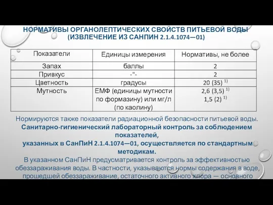 НОРМАТИВЫ ОРГАНОЛЕПТИЧЕСКИХ СВОЙСТВ ПИТЬЕВОЙ ВОДЫ (ИЗВЛЕЧЕНИЕ ИЗ САНПИН 2.1.4.1074—01) Нормируются