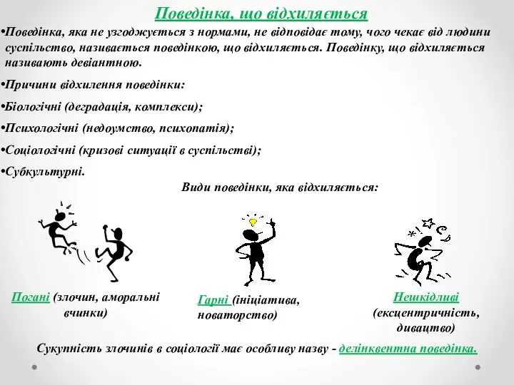Поведінка, що відхиляється Поведінка, яка не узгоджується з нормами, не