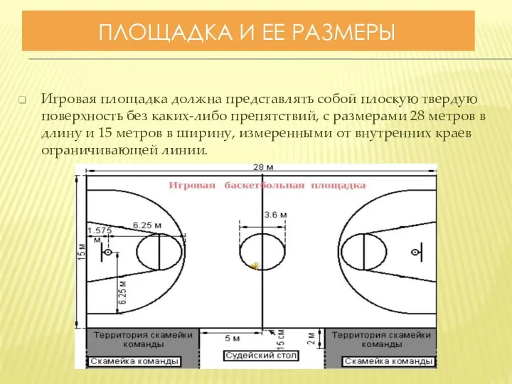 ПЛОЩАДКА И ЕЕ РАЗМЕРЫ Игровая площадка должна представлять собой плоскую