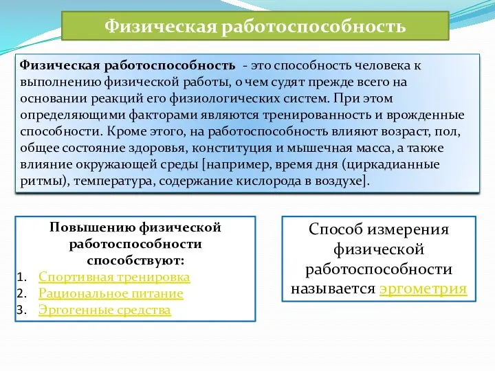 Физическая работоспособность Физическая работоспособность - это способность человека к выполнению