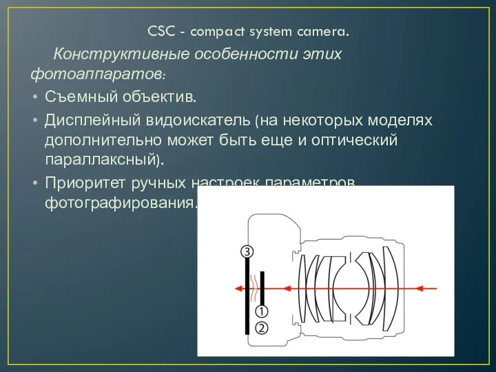 CSC - compact system camera. Конструктивные особенности этих фотоаппаратов: Съемный