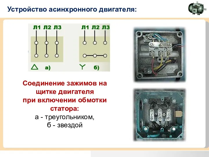 Устройство асинхронного двигателя: Соединение зажимов на щитке двигателя при включении