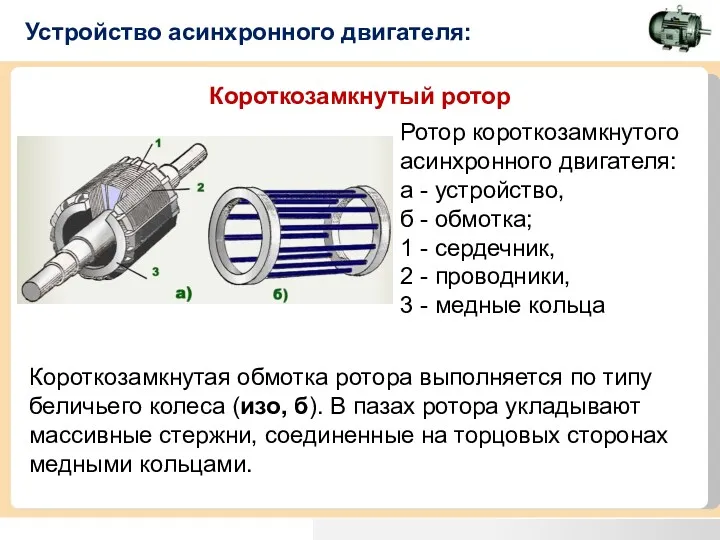 Устройство асинхронного двигателя: Короткозамкнутый ротор Ротор короткозамкнутого асинхронного двигателя: а