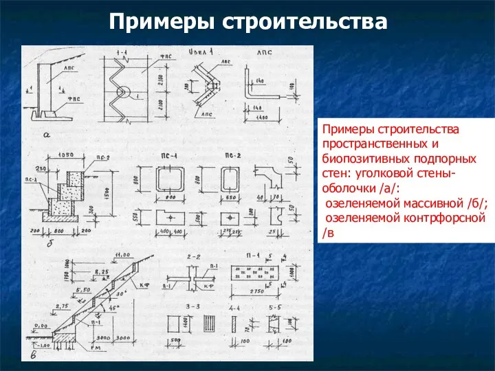 Примеры строительства Примеры строительства пространственных и биопозитивных подпорных стен: уголковой стены-оболочки /а/: озеленяемой