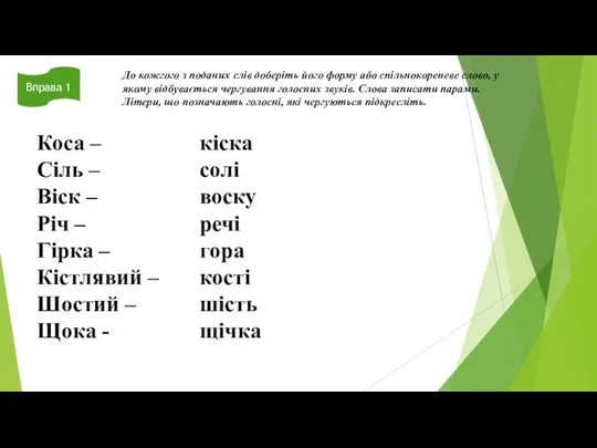 Вправа 1 До кожгого з поданих слів доберіть його форму