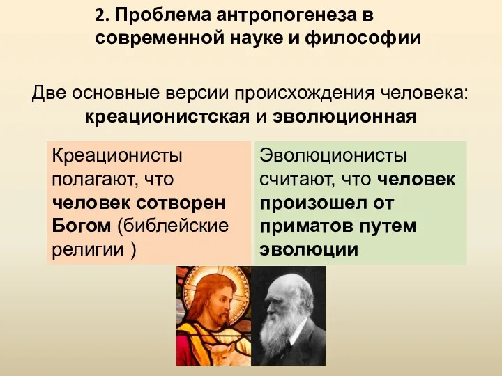 2. Проблема антропогенеза в современной науке и философии Две основные