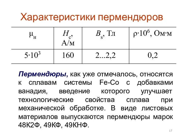 Характеристики пермендюров Пермендюры, как уже отмечалось, относятся к сплавам системы