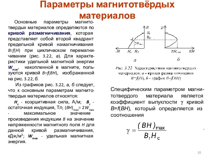 Специфическим параметром магни- тотвердого материала является коэффициент выпуклости γ кривой