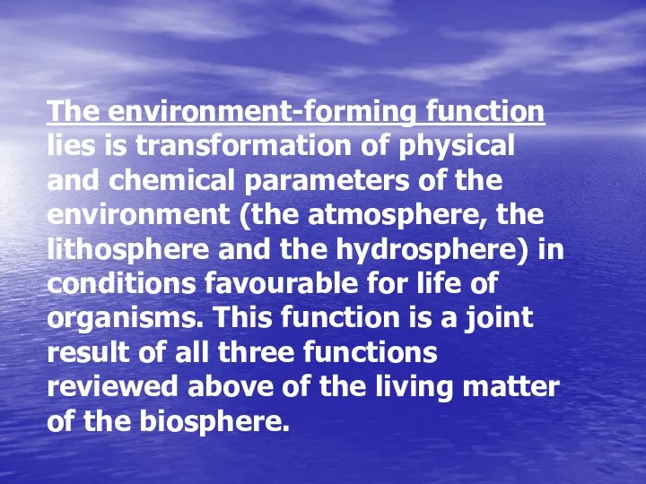 The environment-forming function lies is transformation of physical and chemical