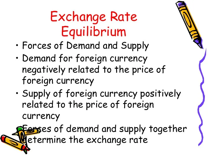 Exchange Rate Equilibrium Forces of Demand and Supply Demand for foreign currency negatively