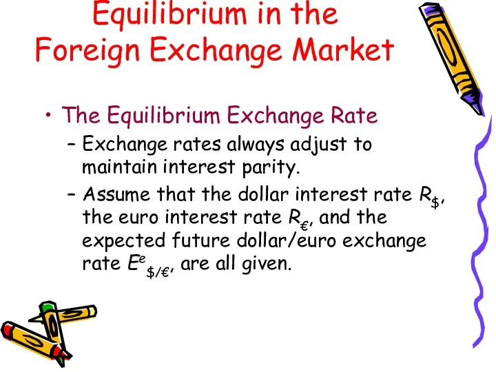 The Equilibrium Exchange Rate Exchange rates always adjust to maintain interest parity. Assume