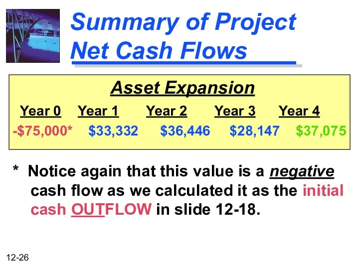 Summary of Project Net Cash Flows Asset Expansion Year 0