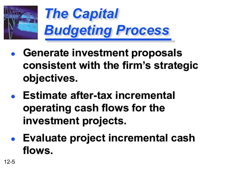 The Capital Budgeting Process Generate investment proposals consistent with the