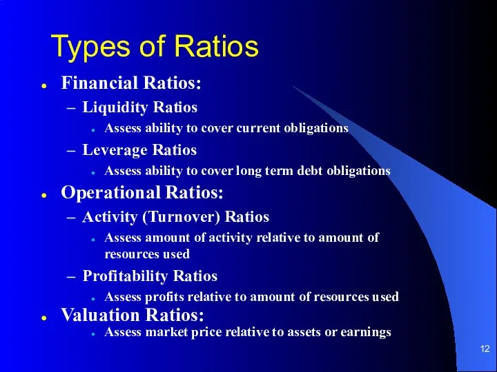 Types of Ratios Financial Ratios: Liquidity Ratios Assess ability to