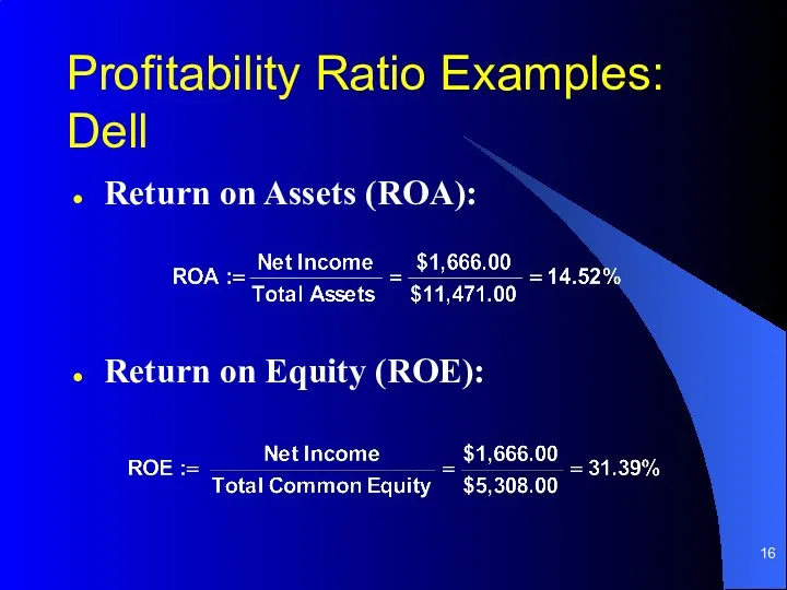 Return on Assets (ROA): Return on Equity (ROE): Profitability Ratio Examples: Dell