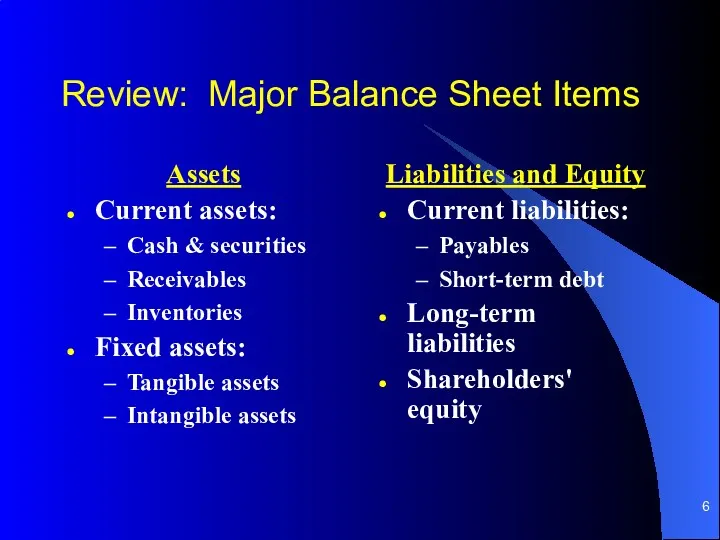 Review: Major Balance Sheet Items Assets Current assets: Cash &