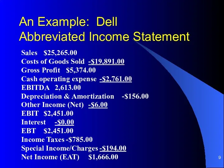 An Example: Dell Abbreviated Income Statement Sales $25,265.00 Costs of