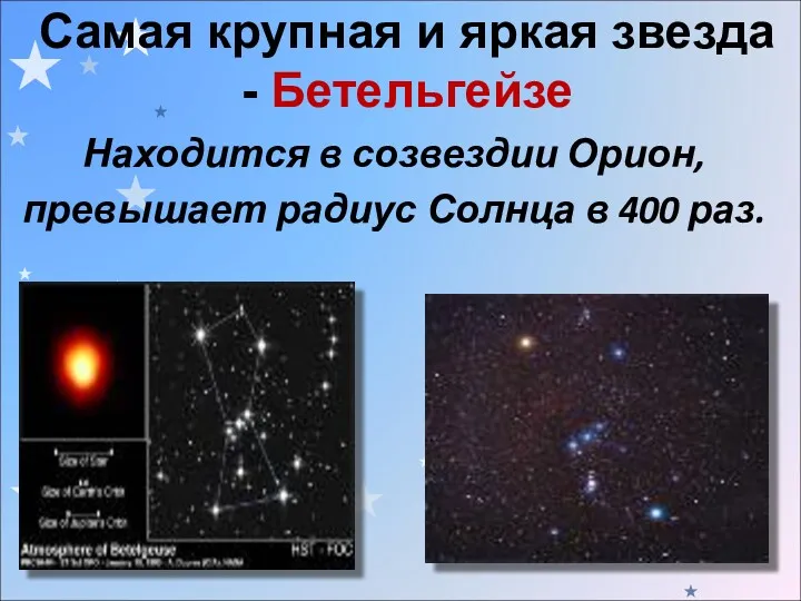 Самая крупная и яркая звезда - Бетельгейзе Находится в созвездии