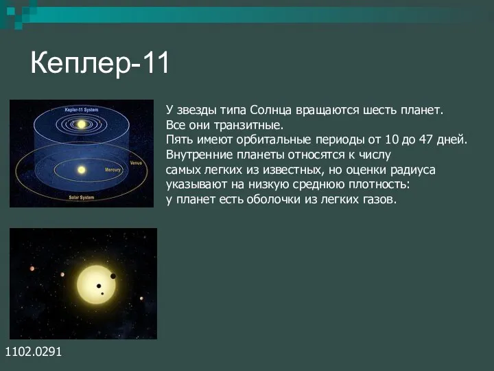 Кеплер-11 У звезды типа Солнца вращаются шесть планет. Все они транзитные. Пять имеют
