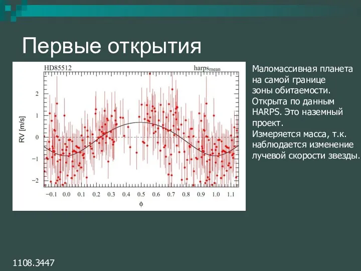 Первые открытия 1108.3447 Маломассивная планета на самой границе зоны обитаемости. Открыта по данным