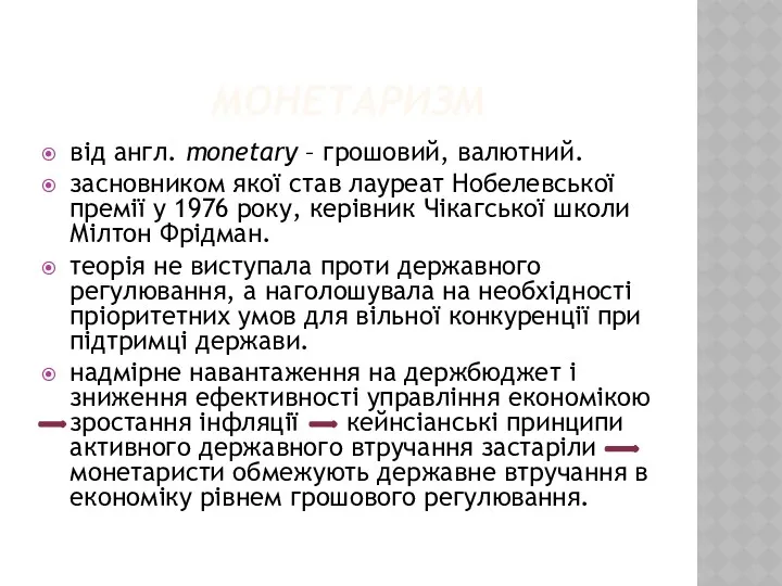 МОНЕТАРИЗМ від англ. monetary – грошовий, валютний. засновником якої став