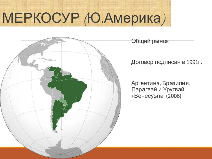 МЕРКОСУР (Ю.Америка) Общий рынок Договор подписан в 1991г. Аргентина, Бразилия, Парагвай и Уругвай +Венесуэла (2006)