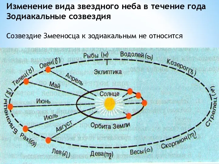 Изменение вида звездного неба в течение года Зодиакальные созвездия Созвездие Змееносца к зодиакальным не относится