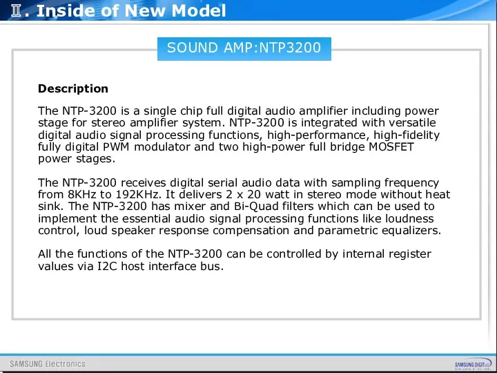 SOUND AMP:NTP3200 Description The NTP-3200 is a single chip full