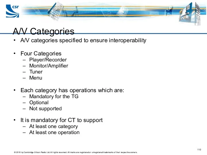 A/V Categories A/V categories specified to ensure interoperability Four Categories