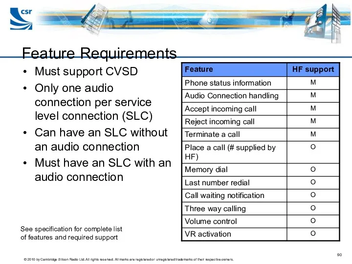Feature Requirements Must support CVSD Only one audio connection per