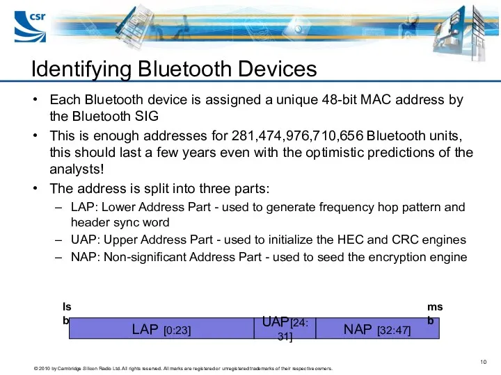 Identifying Bluetooth Devices Each Bluetooth device is assigned a unique