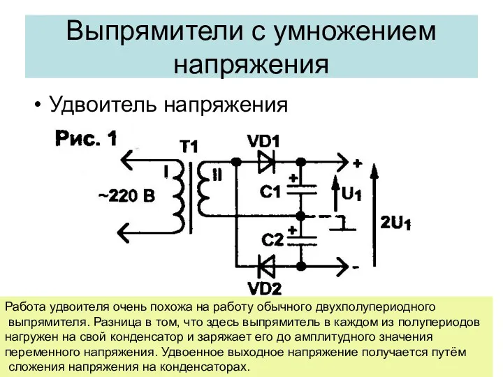 Выпрямители с умножением напряжения Удвоитель напряжения Работа удвоителя очень похожа