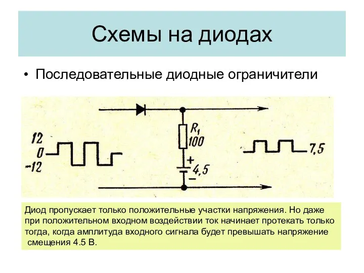 Последовательные диодные ограничители Схемы на диодах Диод пропускает только положительные