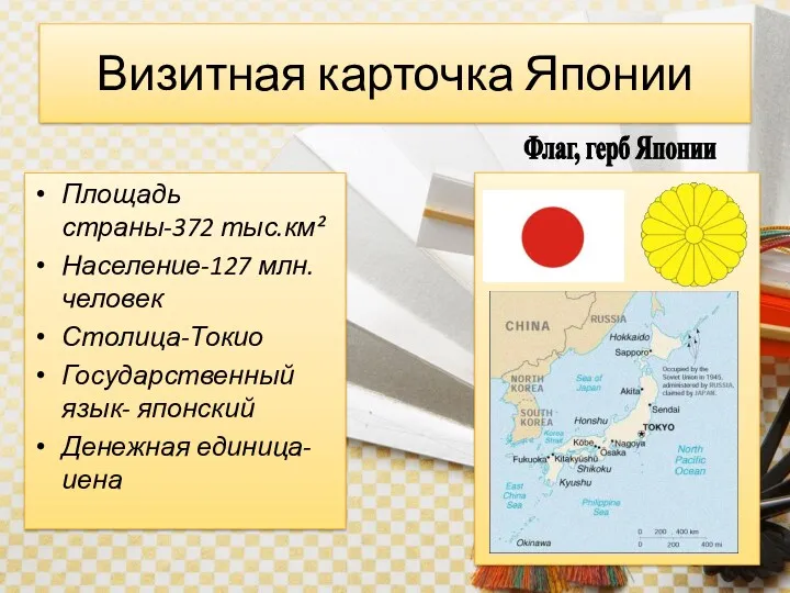 Визитная карточка Японии . Флаг, герб Японии Площадь страны-372 тыс.км²